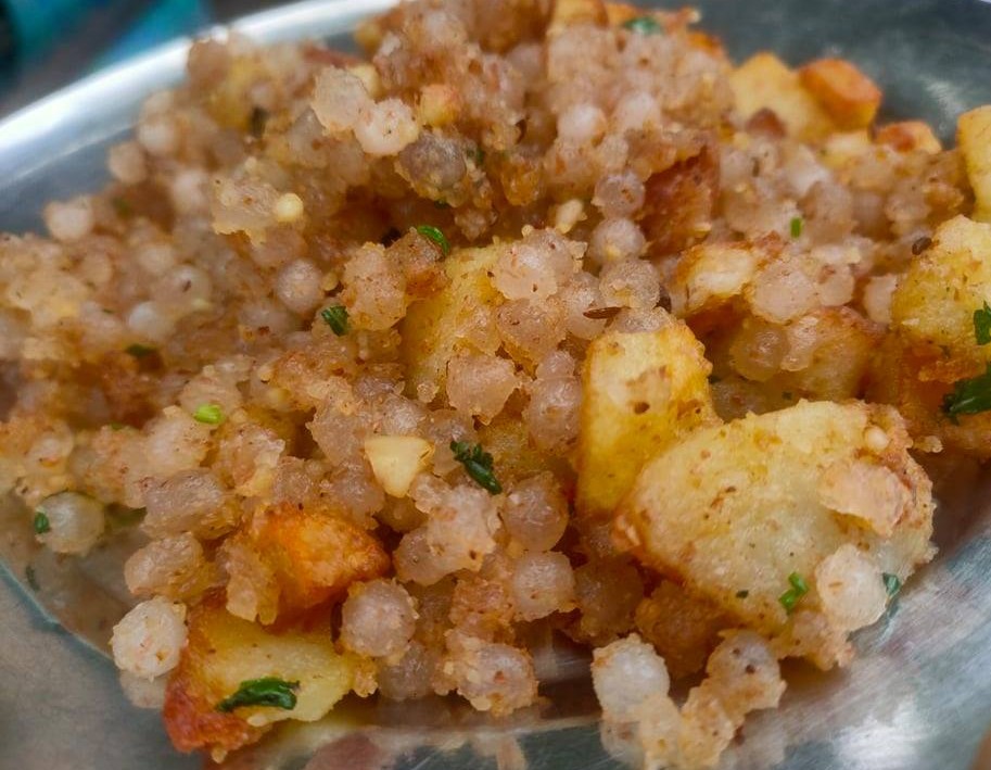 vegan sabudana khichri on a silver plate