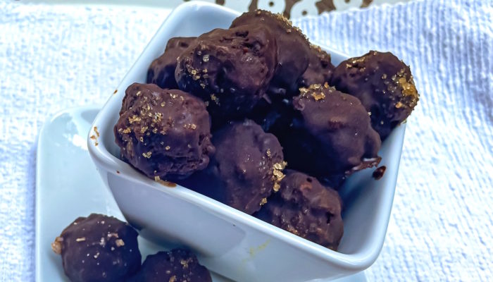 zucchini chocolate cake truffles in a white dish