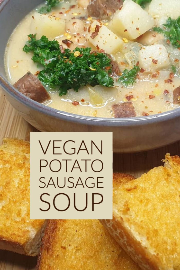 vegan potato sausage soup and bread with caption