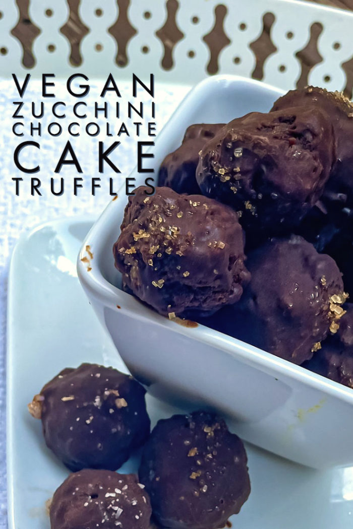 zucchini cake truffles in a white dish with caption