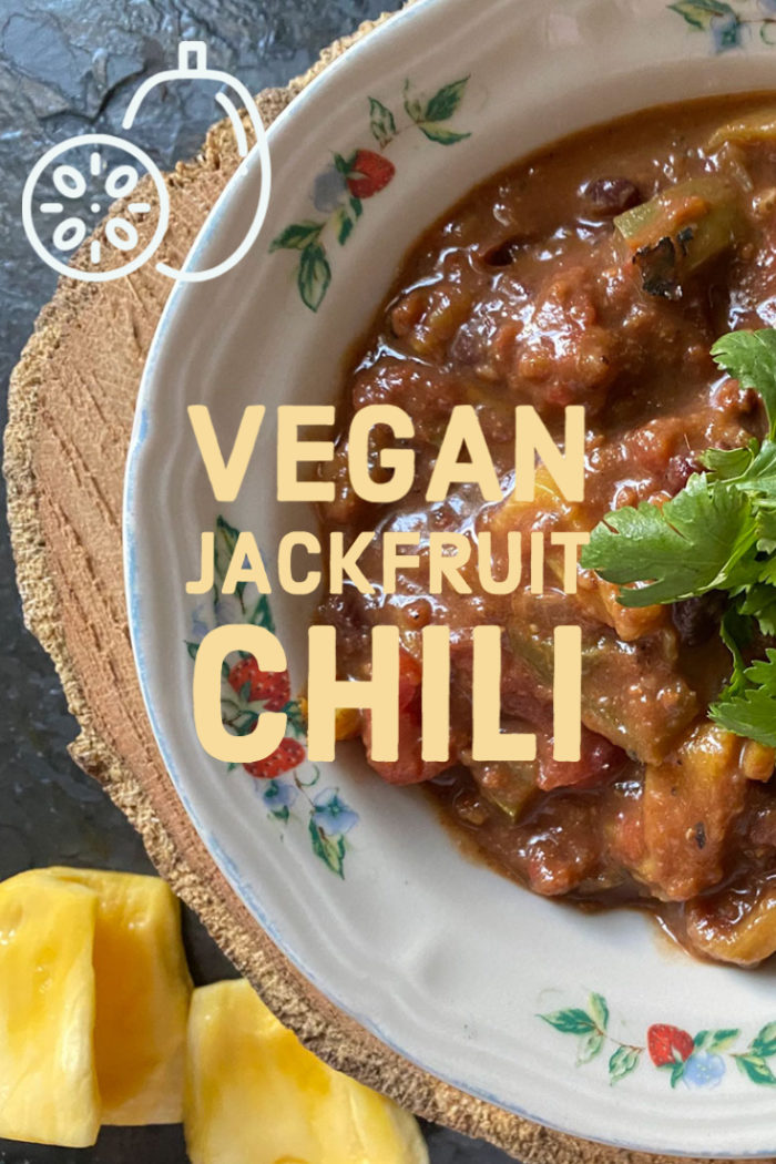 jackfruit chili in a bowl with caption