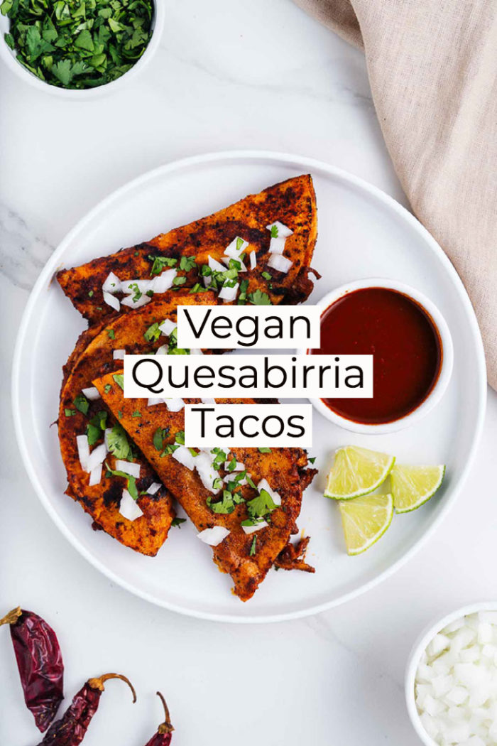 vegan quesabirria tacos on a white plate with caption