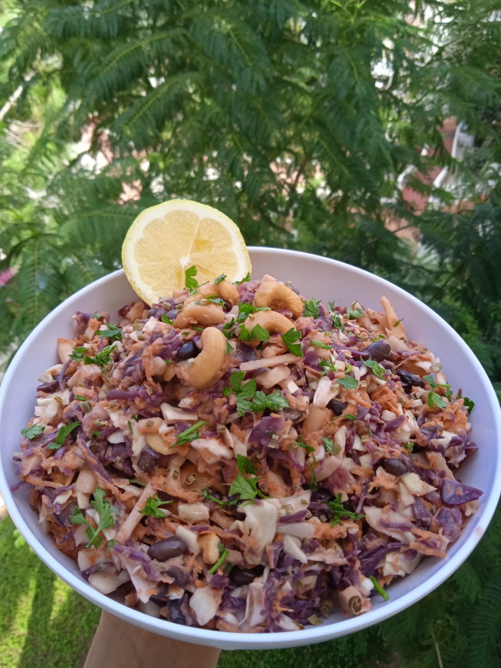vegan coleslaw in a white bowl with evergreen trees in the background