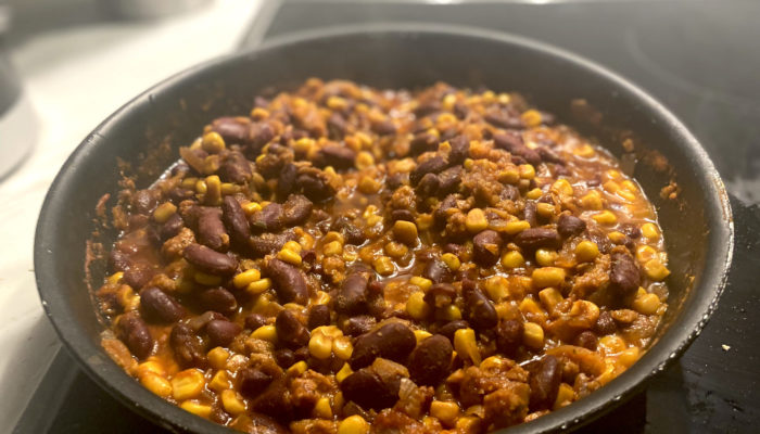 chili sin carne in a pan on the stove