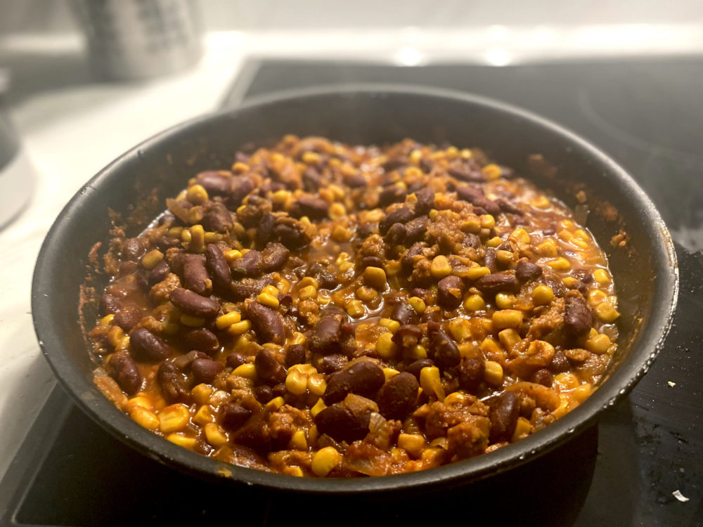 chili sin carne in a pan on the stove