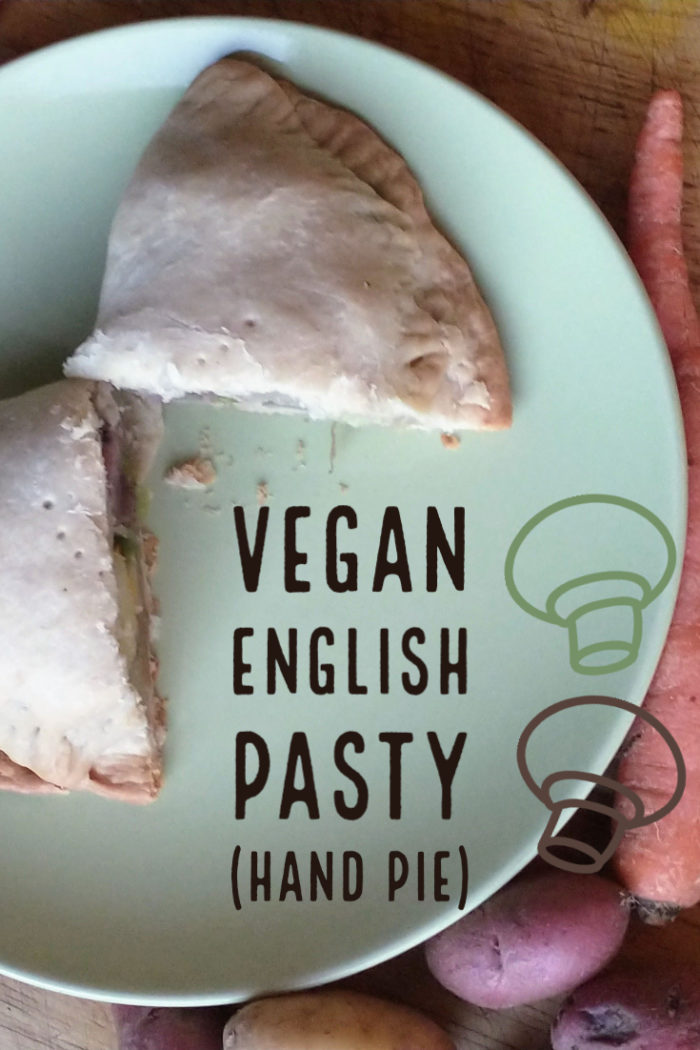 vegan english pasty on a plate with a caption