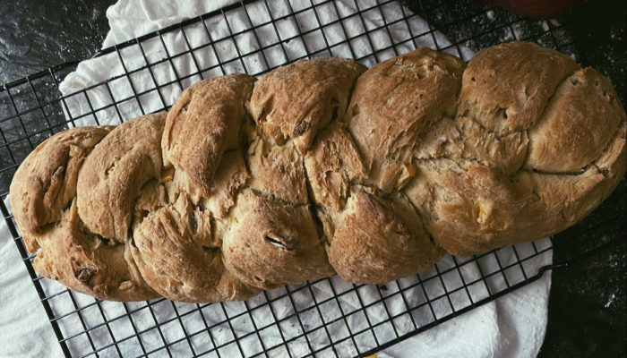 braided bread on a cooling rack