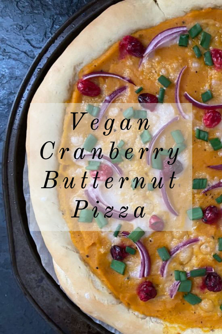 vegan cranberry butternut pizza with caption