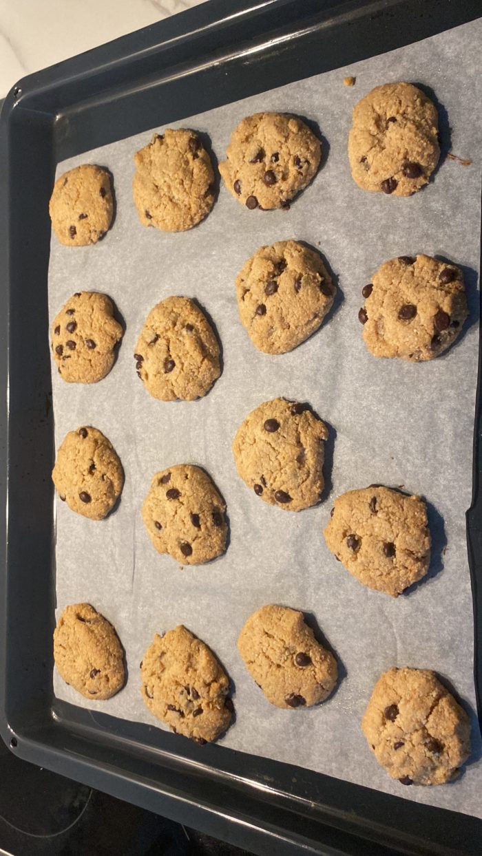 vegan chocolate chip cookies on a baking tray