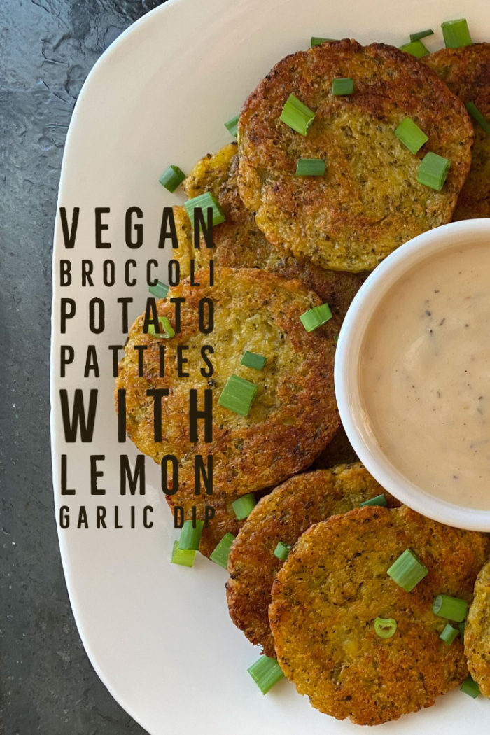 broccoli potato patties and dip on a white plate with caption