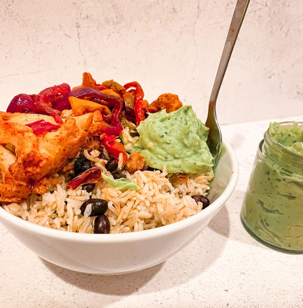 bowl filled with cauliflower fajita and brown rice