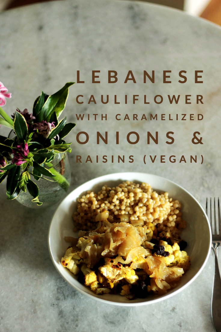 lebanese cauliflower in a white dish with caption