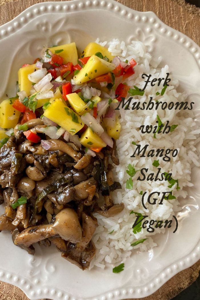 jerk mushrooms on a white plate with caption