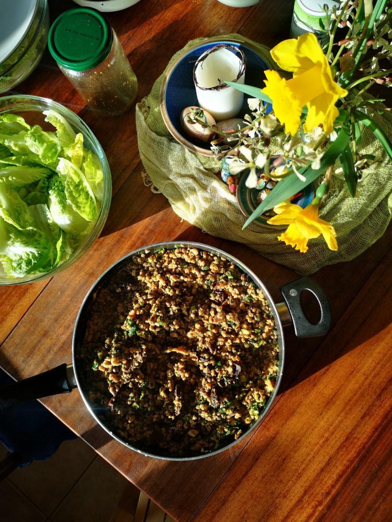 green lentil wild mushroom stew in a pot