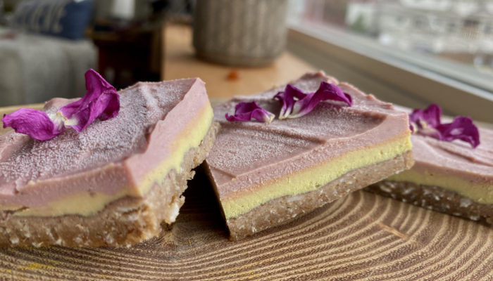 Vegan late spring spring cheesecake on a brown surface