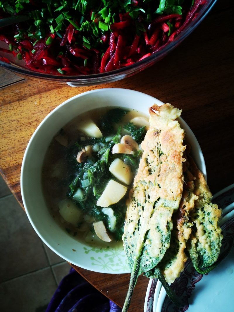 vegan comfrey fritters with soup