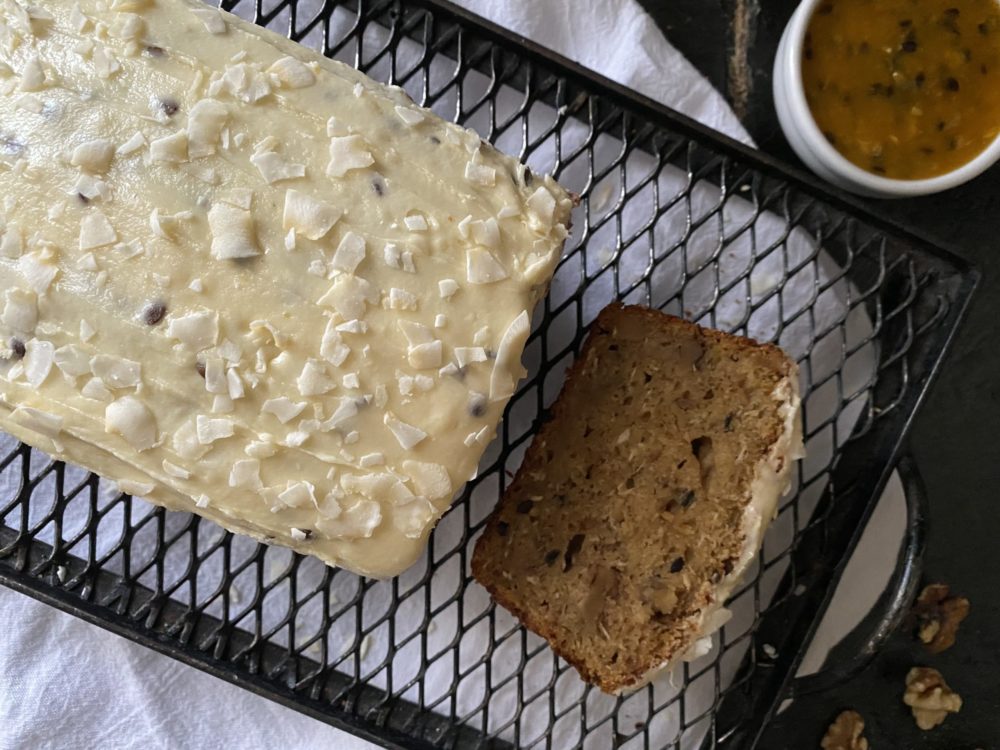 passionfruit coconut cake on wire rack