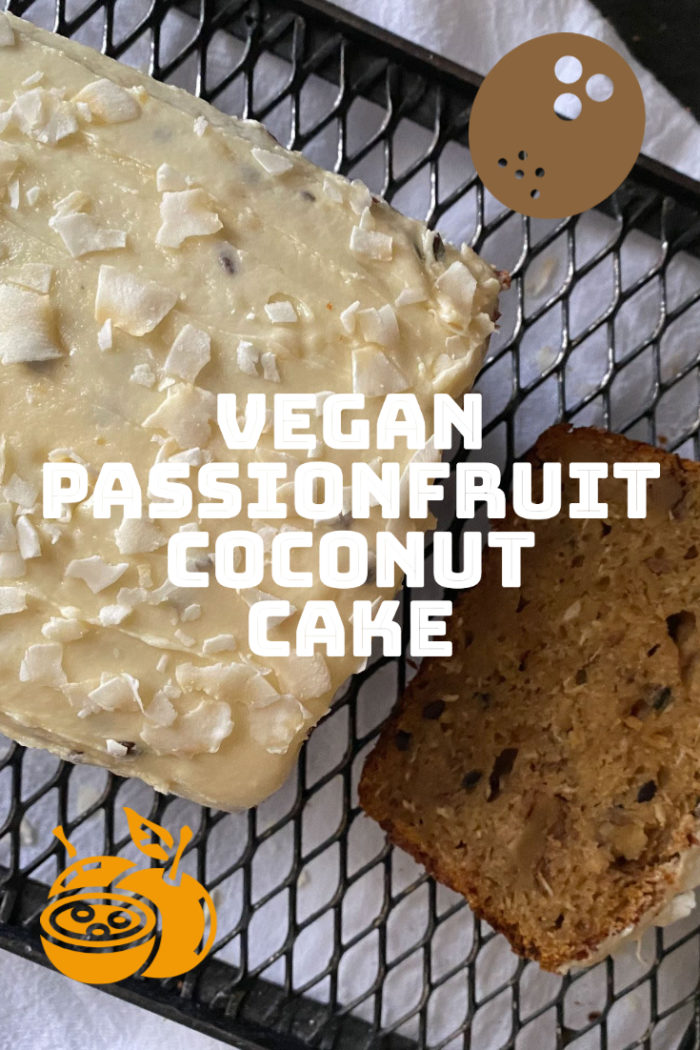 passionfruit coconut cake on a black cooling rack with caption