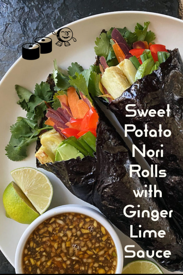 sweet potato nori rolls on a white plate with caption