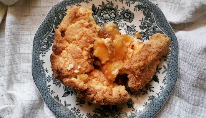 rhubarb and juniper berry pie on a blue and white plate