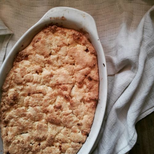 rhubarb and juniper berry pie in a white dish