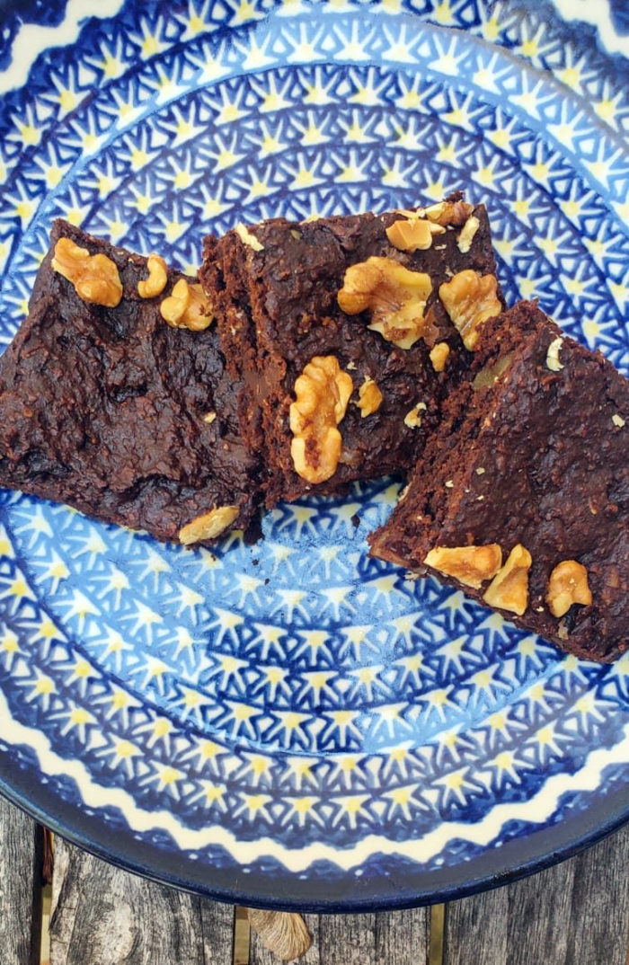 ayurvedic vegan brownies on a blue plate