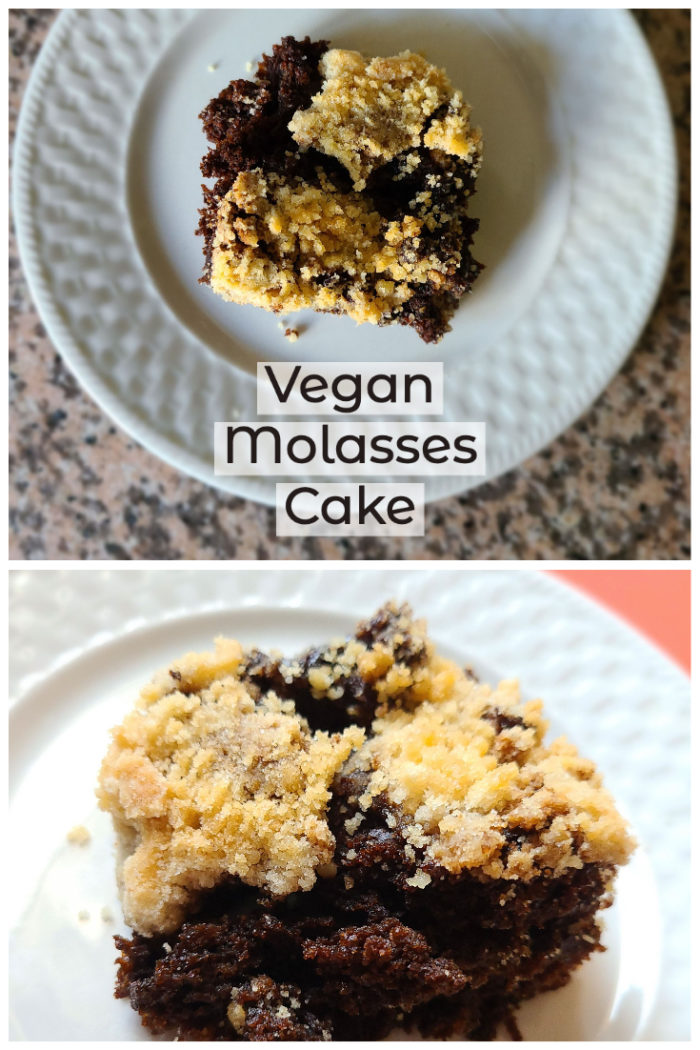 vegan molasses cake on a white plate with caption