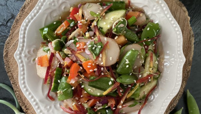 water chestnut salad on a white plate