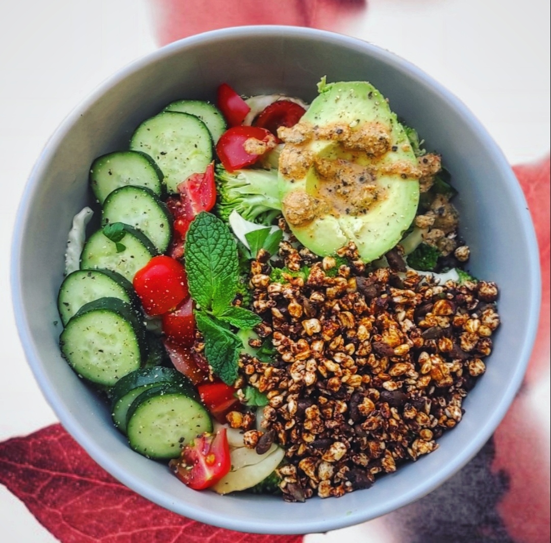 buckwheat salad in a blue bowl