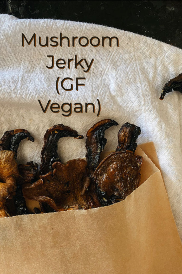 mushroom jerky in a paper bag against a white background with caption