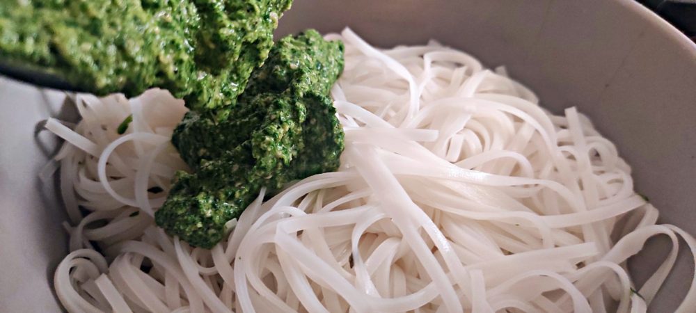 green goddess noodles in a white bowl