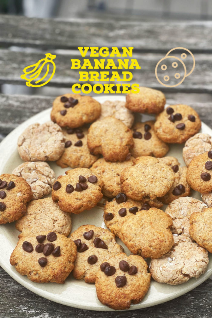 banana bread cookies on a white plate with yellow caption