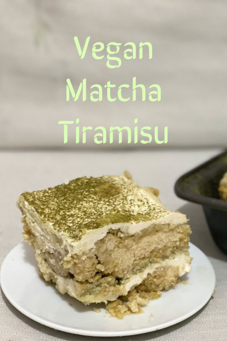 vegan matcha tiramisu on a white plate with caption