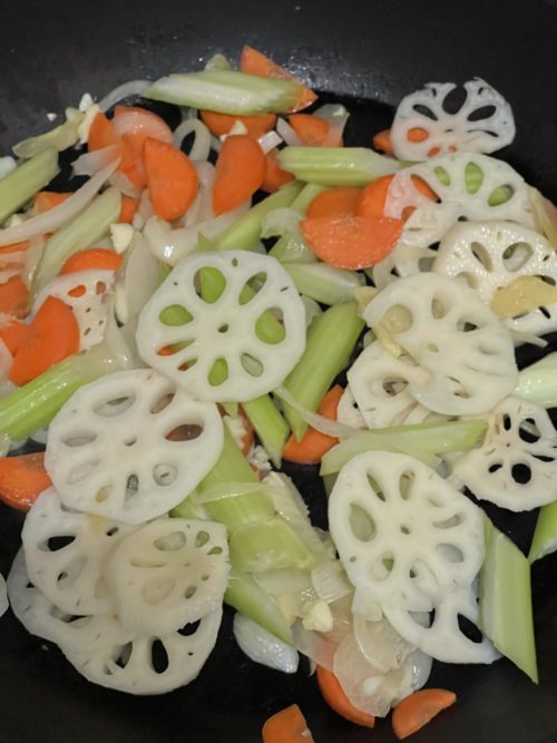 lotus root stir fry in a pan