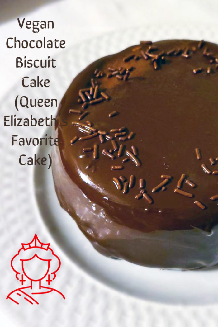 chocolate biscuit cake on a white plate; caption in brown letters