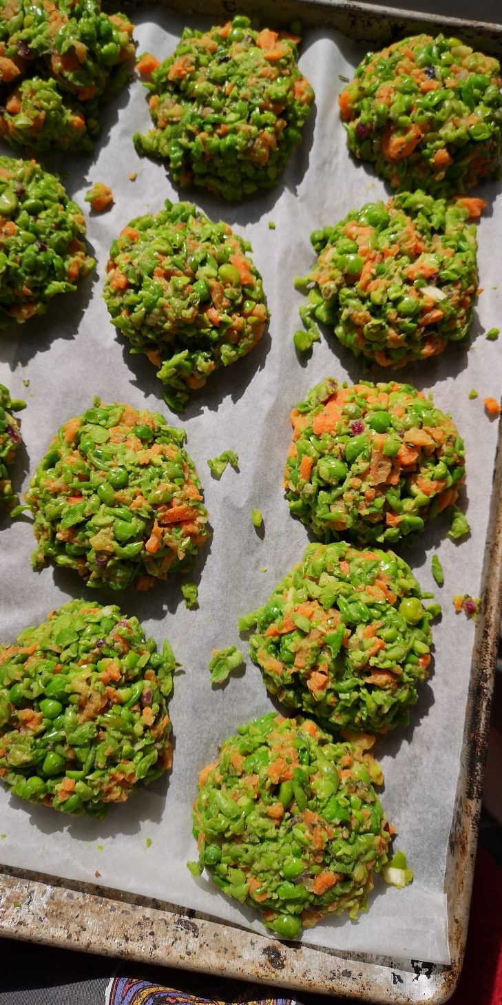 vegan pea croquettes on a baking sheet