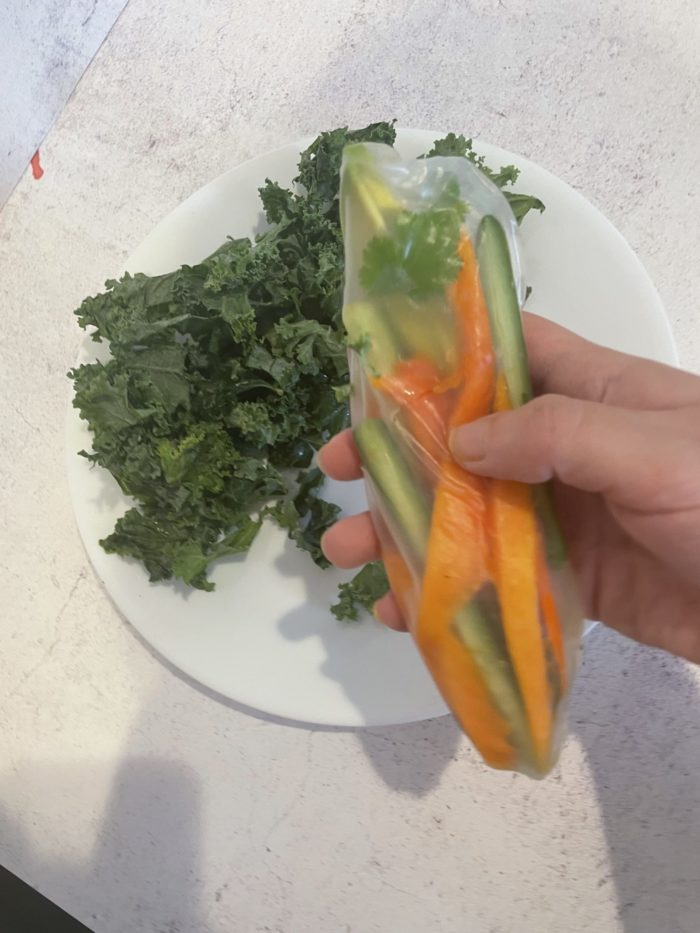 rice paper wrap with kale salad on the side on a white plate