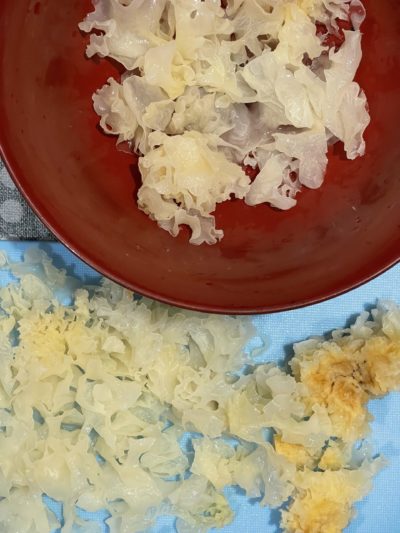 snoy fungus in a red bowl and a blue cutting board