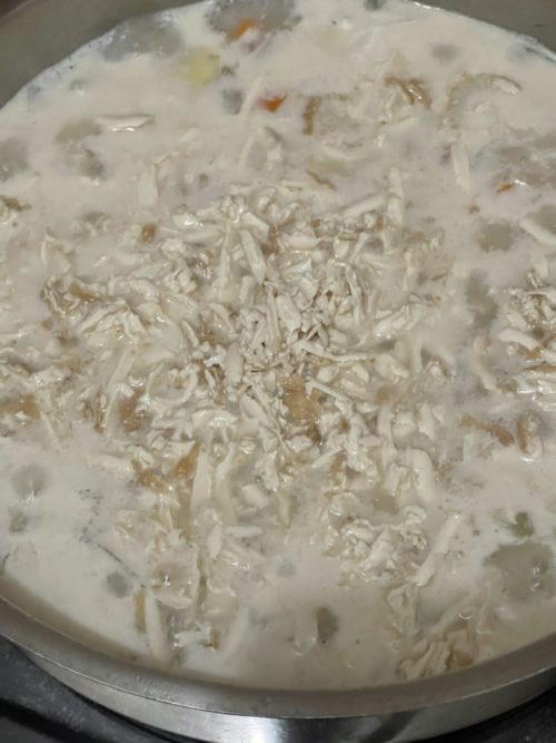 vegan chicken macaroni soup in a silver pot