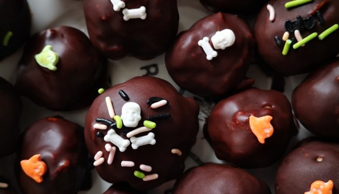 vegan chocolate chestnut balls with halloween sprinkles