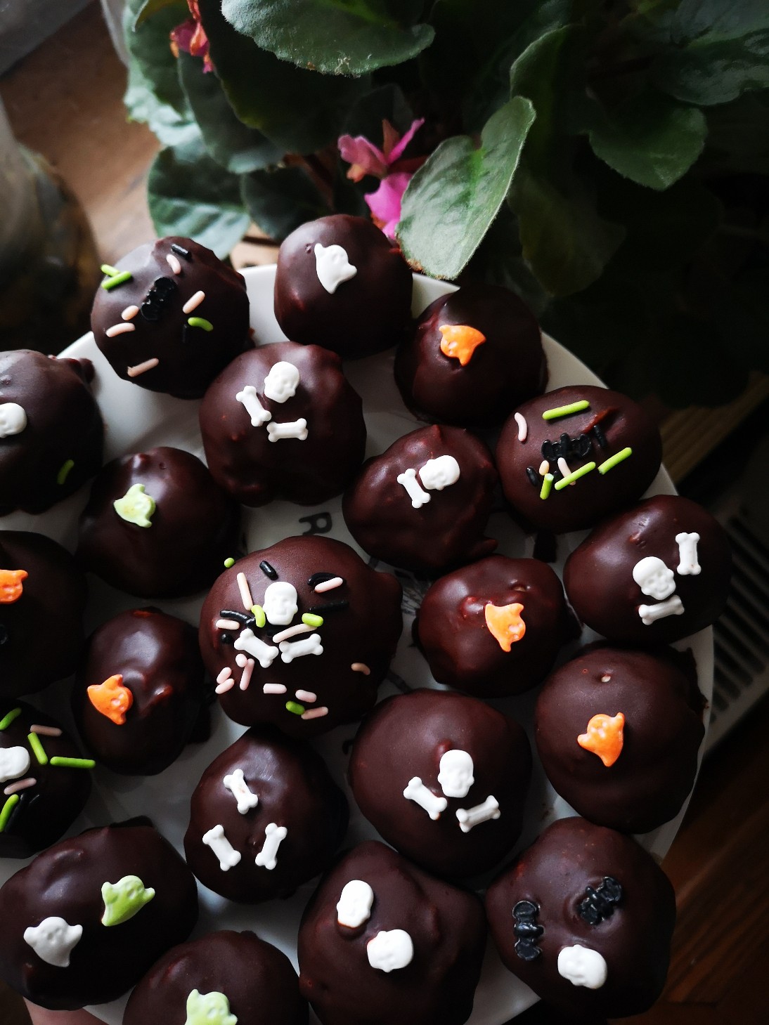 vegan chocolate chestnut balls with halloween sprinkles on a plate next to a houseplant