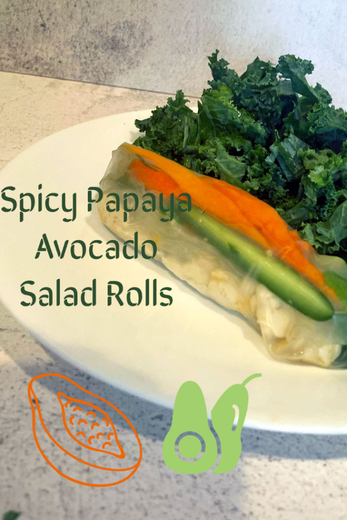 spicy papaya avocado rolls on a plate with dark green caption