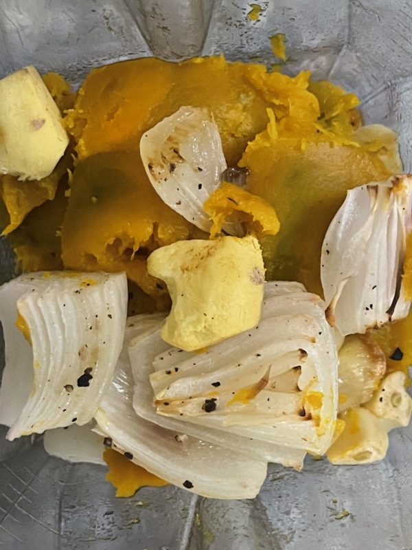 pumpkin miso soup ingredients in a bowl