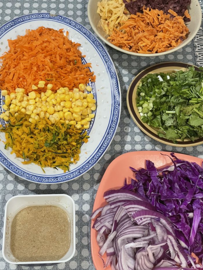 ingredients for rainbow fritters on plates