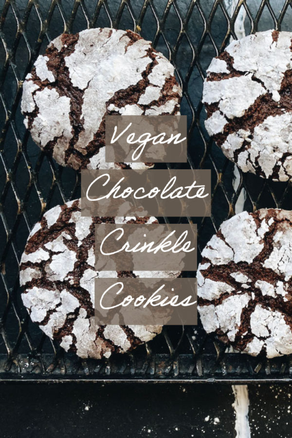 chocolate crinkle cookies with a caption