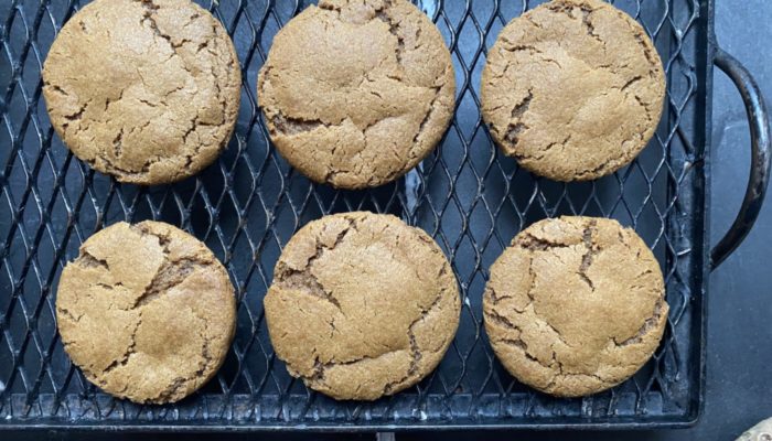 vegan gingerbread cookies on a black cooling rack