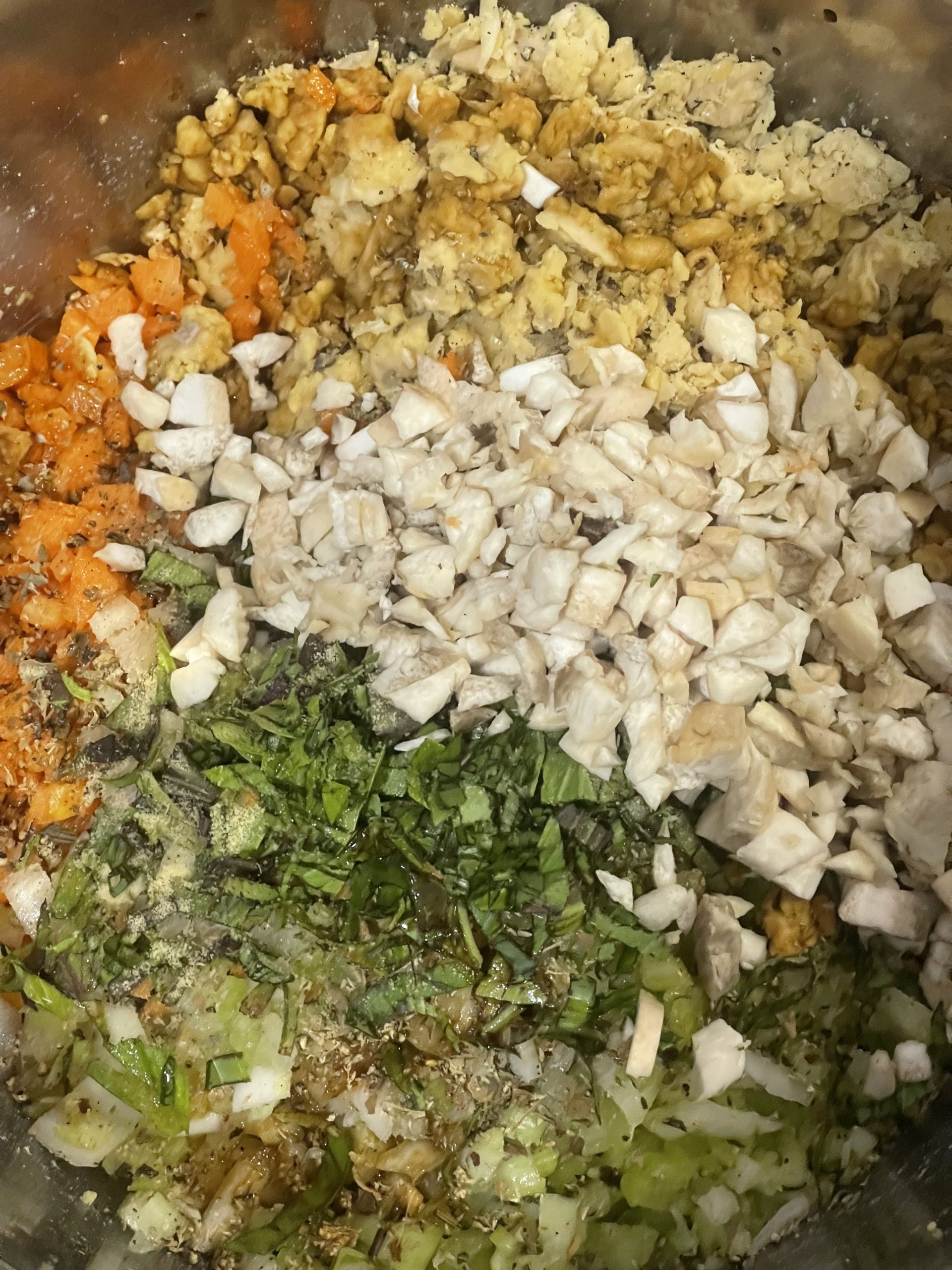 A mixture of diced vegetables in a bowl