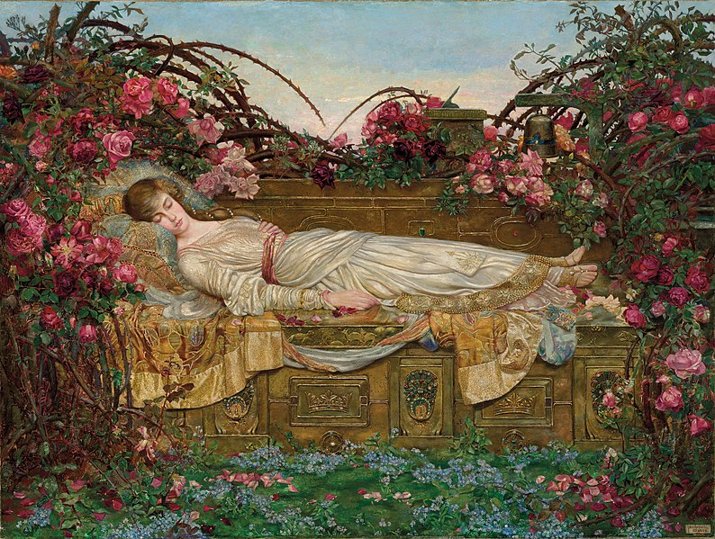 a painting of a lady in Renaissance attire sleeping among flowers by artist Archibald Wakley