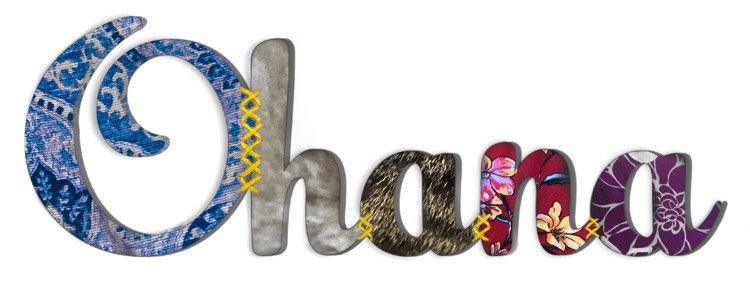 Ohana written in a flowing font of Hawaiian colors and floral decorations.