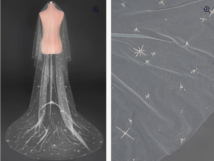 star embroidered cathedral length veil on a mannequin against a gray background.